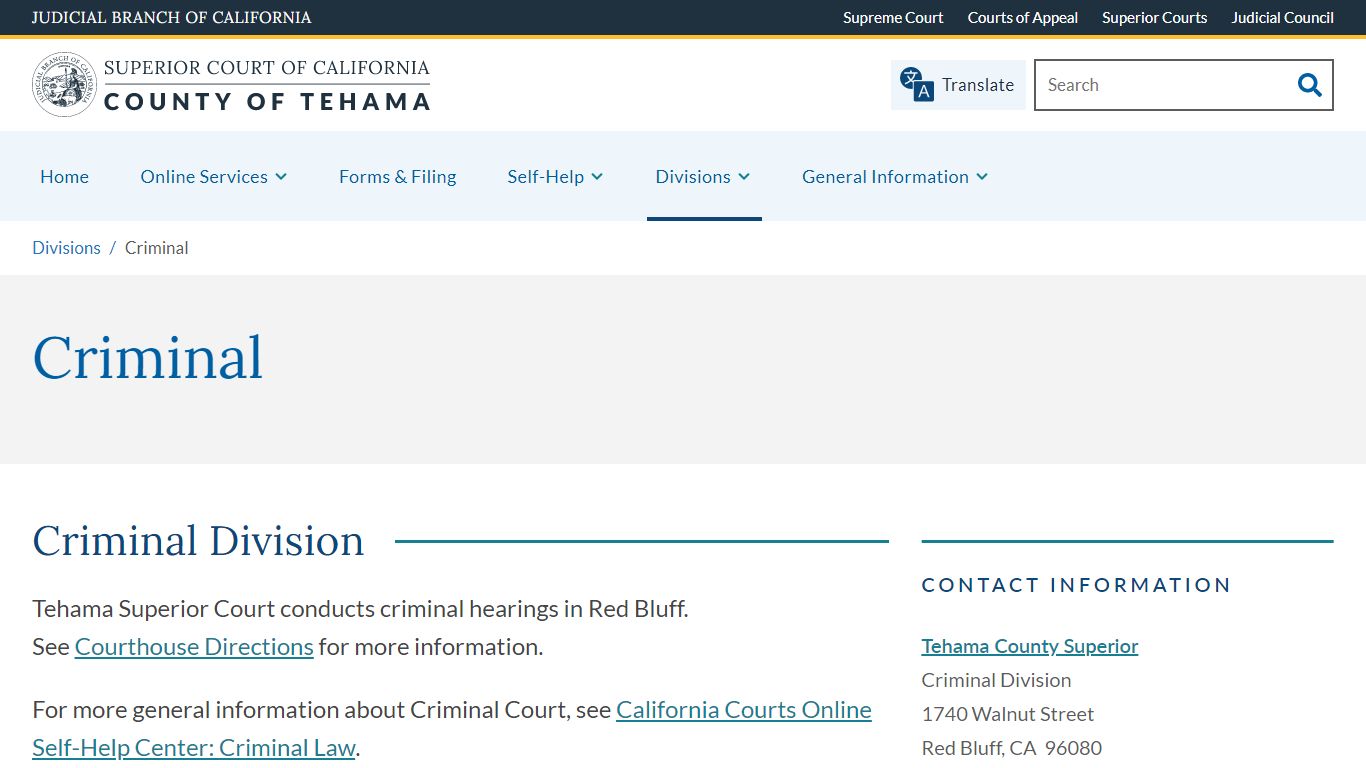 Criminal | Superior Court of California, County of Tehama